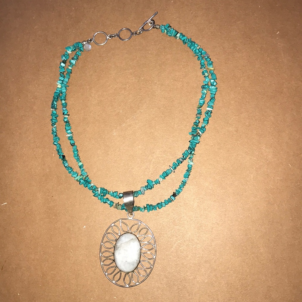 Silver and Blue Bead Necklace with Stone Pendant